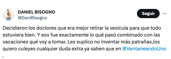 Daniel Bisogno comparte la realidad de su salud y que además, se va de vacaciones.
