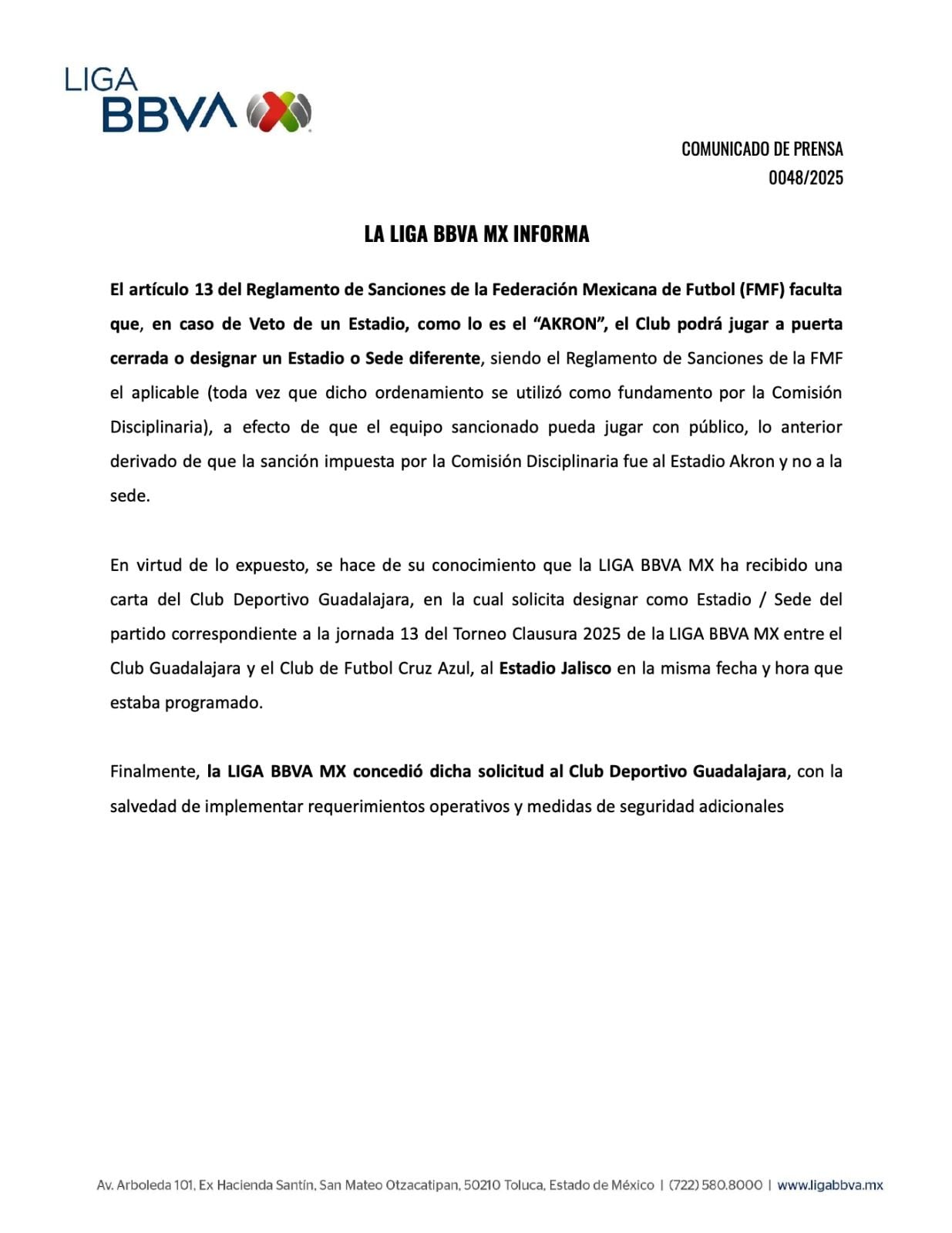 Comunicado de la Liga MX sobre el Chivas vs Cruz Azul.