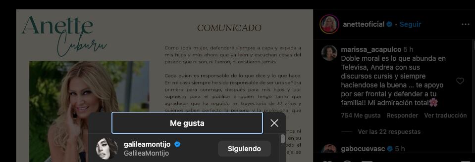 Galilea Montijo le da like al comunicado de Anette Cuburu