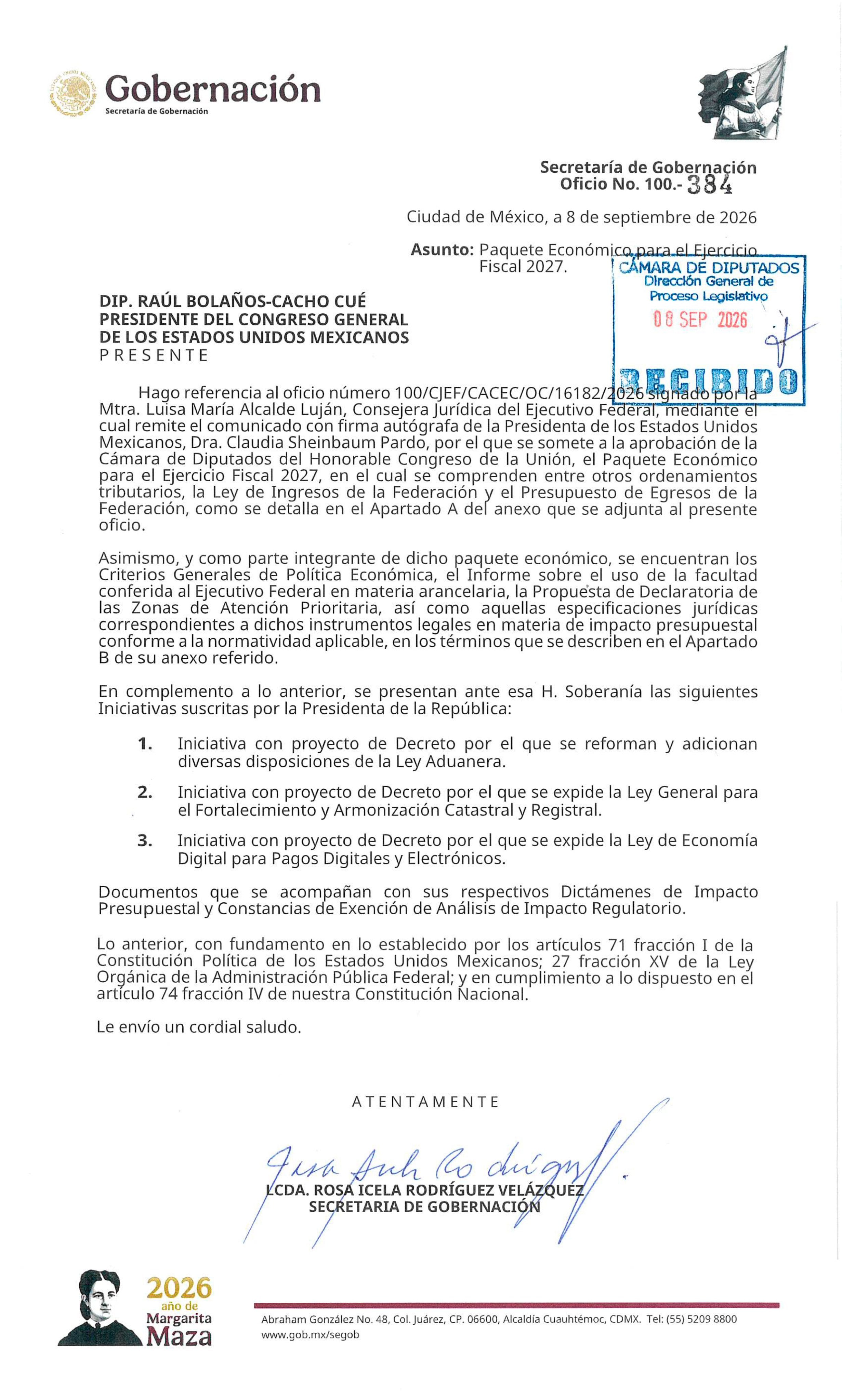 Sheinbaum envía tres iniciativas a la Cámara de Diputados: reforma a la Ley Aduanera y dos nuevas leyes