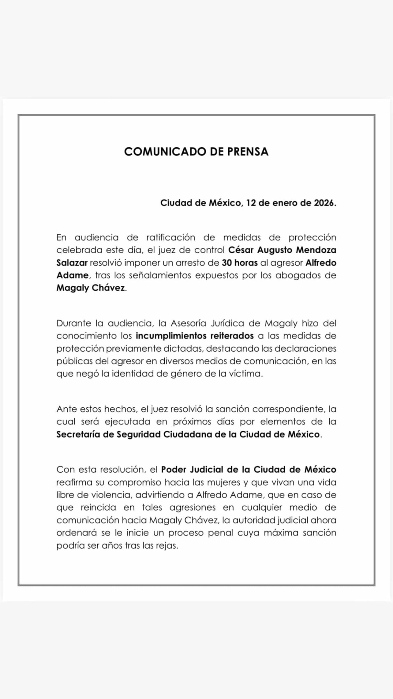 Comunicado de Magaly Chávez sobre detención de Alfredo Adame.