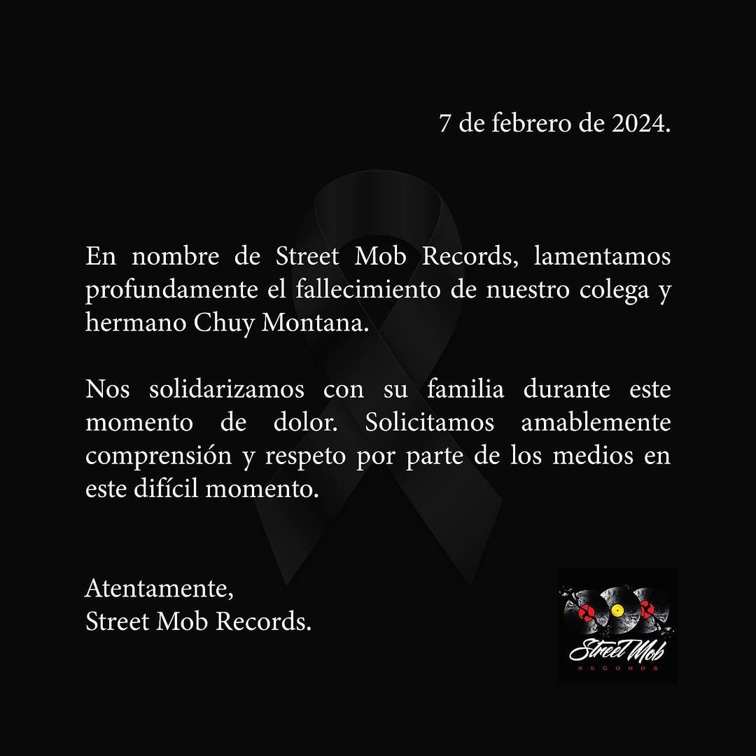 Street Mob Records, disquera de Chuy Montana, lamenta la muerte del cantante de corridos tumbados.