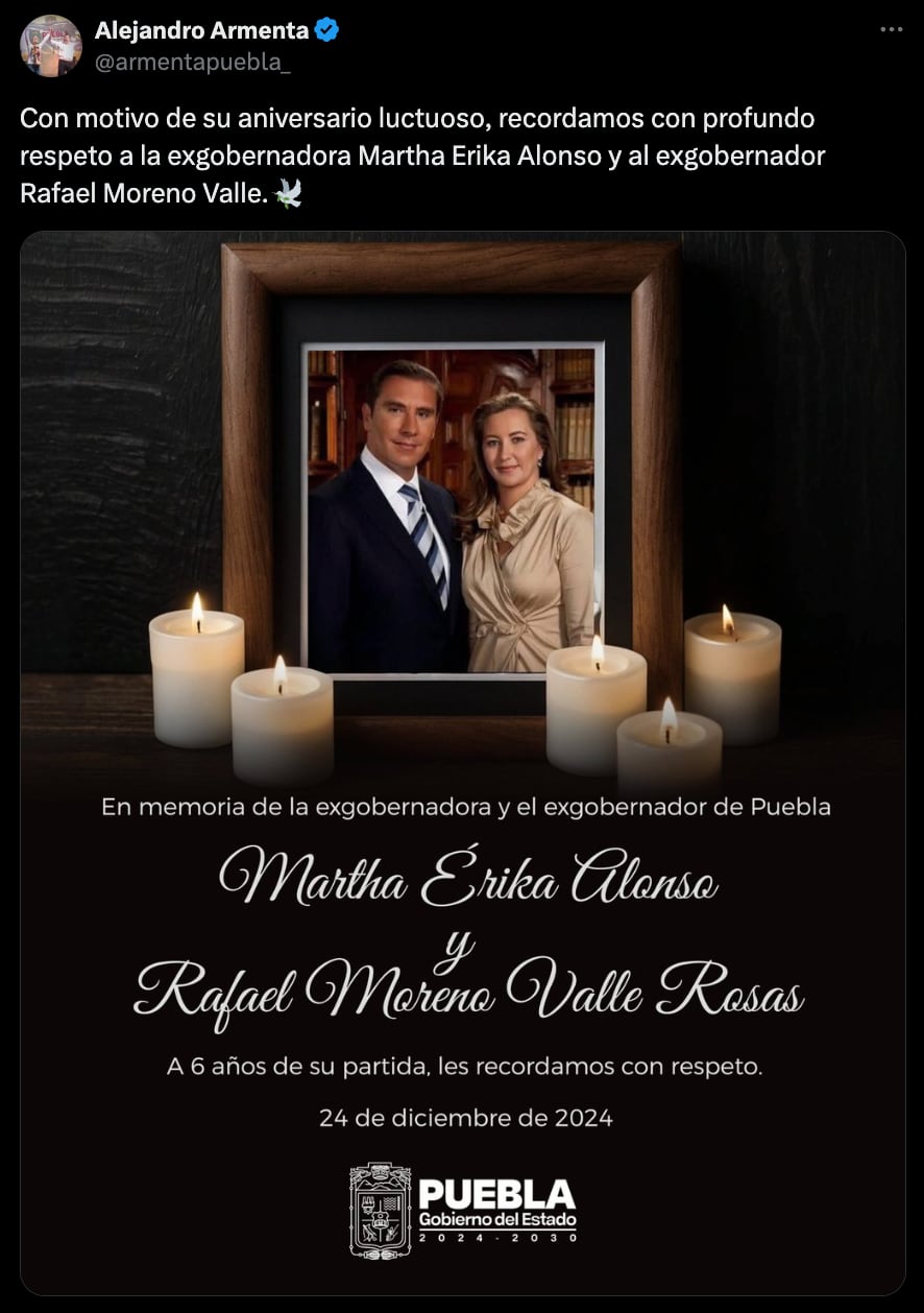 Alejandro Armenta conmemora muerte de Martha Érika Alonso y Rafael Moreno Valle