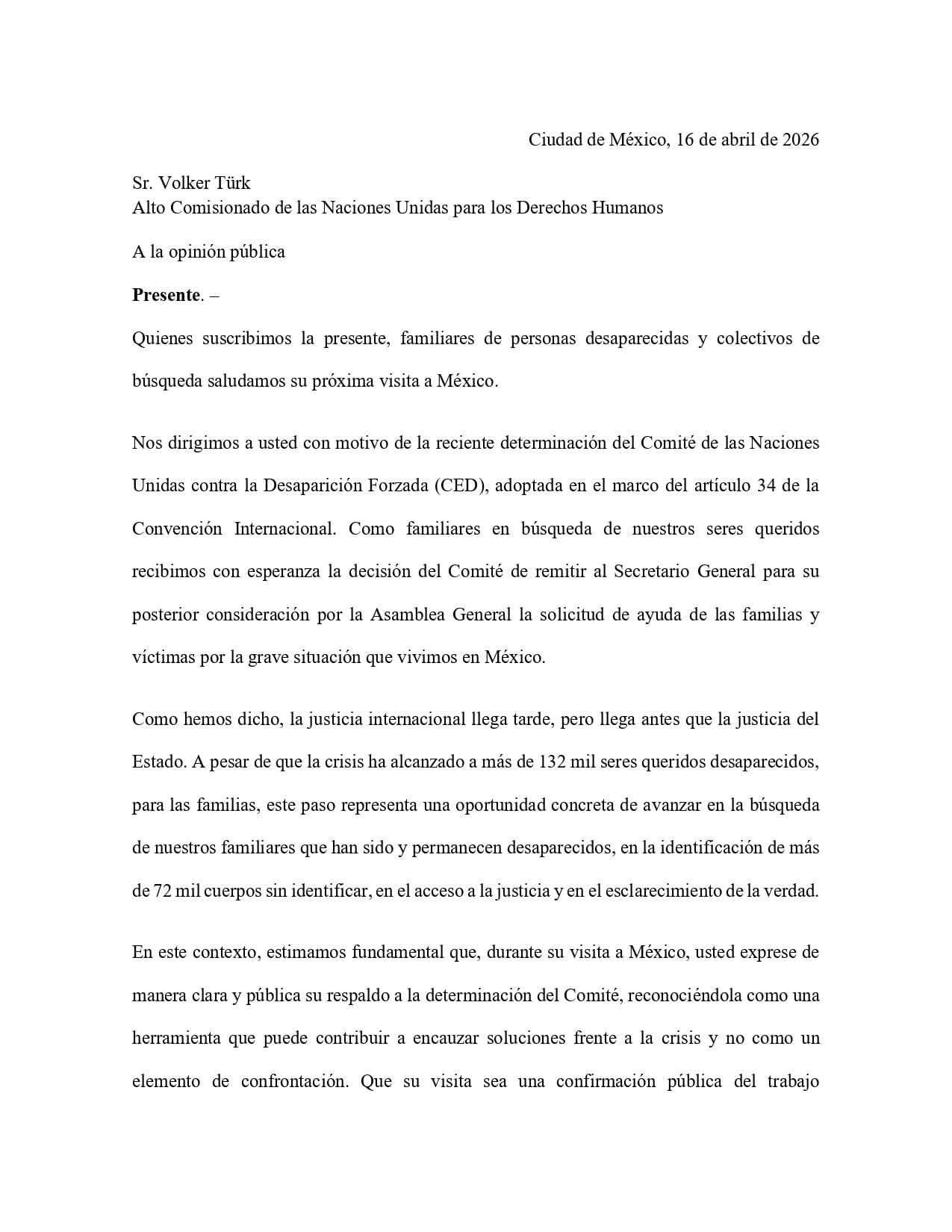 Colectivos mandan mensaje a Volker Türk