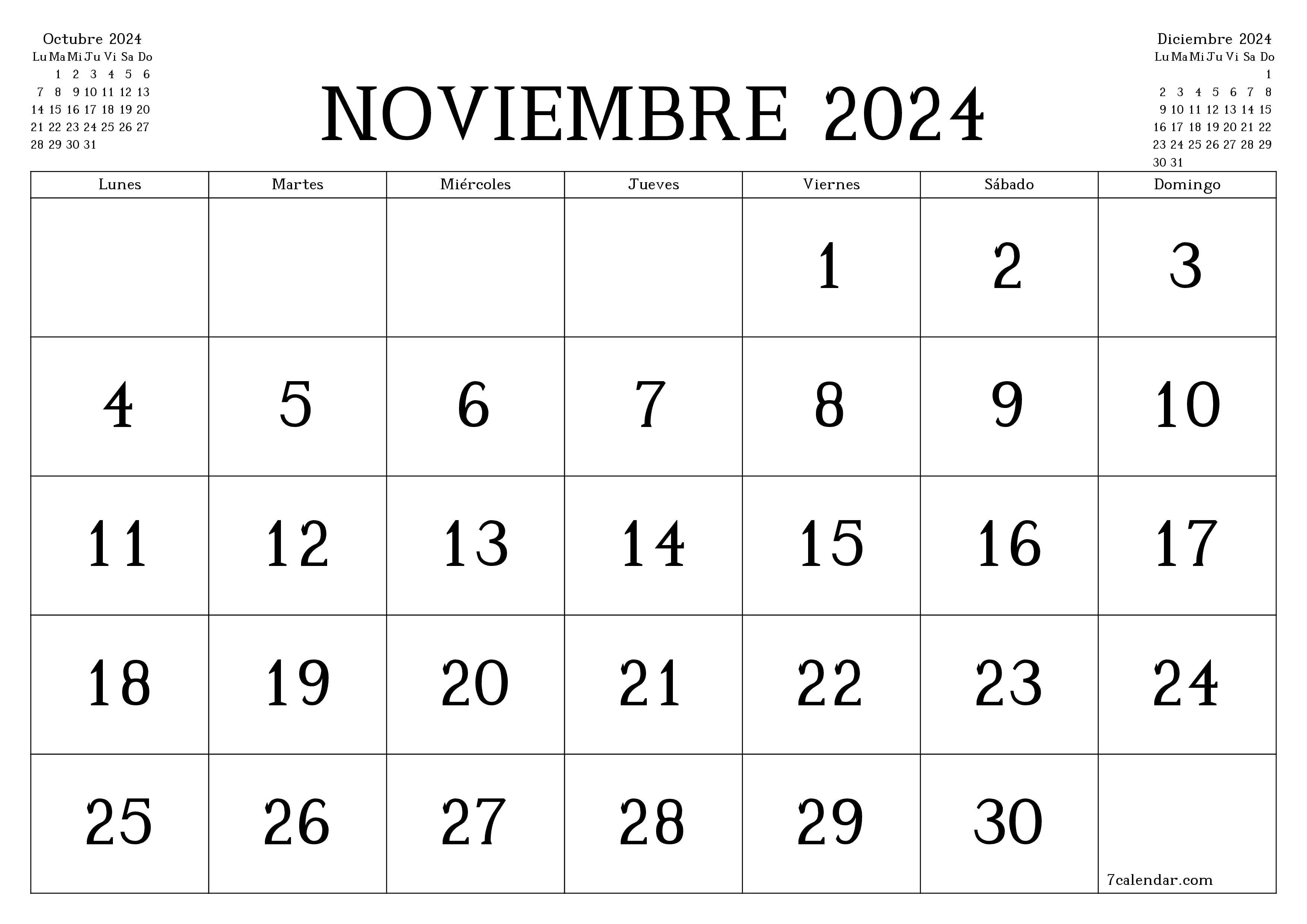 10 plantillas de calendario de noviembre 2024 para imprimir