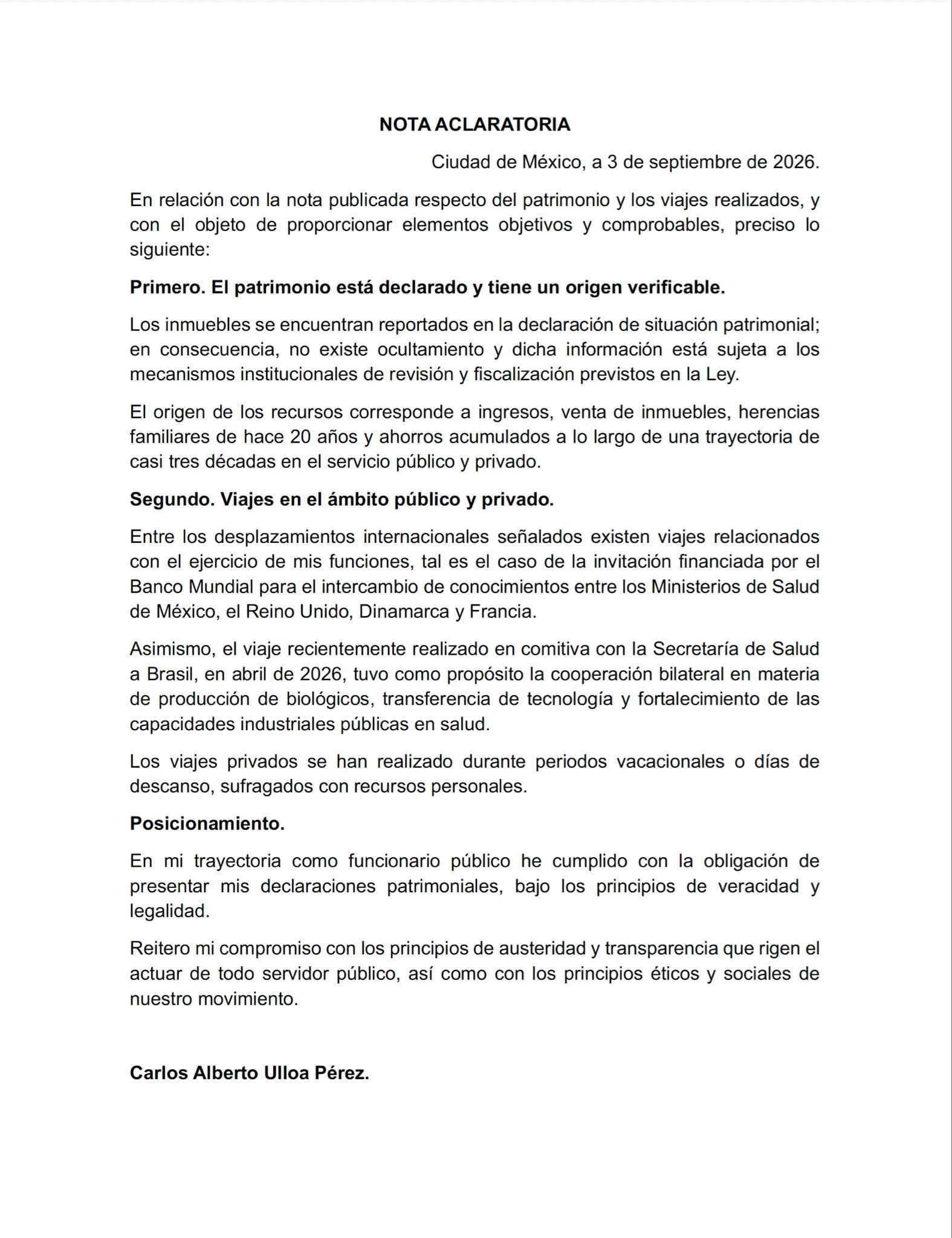 Carlos Ulloa defiende el origen de su patrimonio: son “herencias y ahorros”