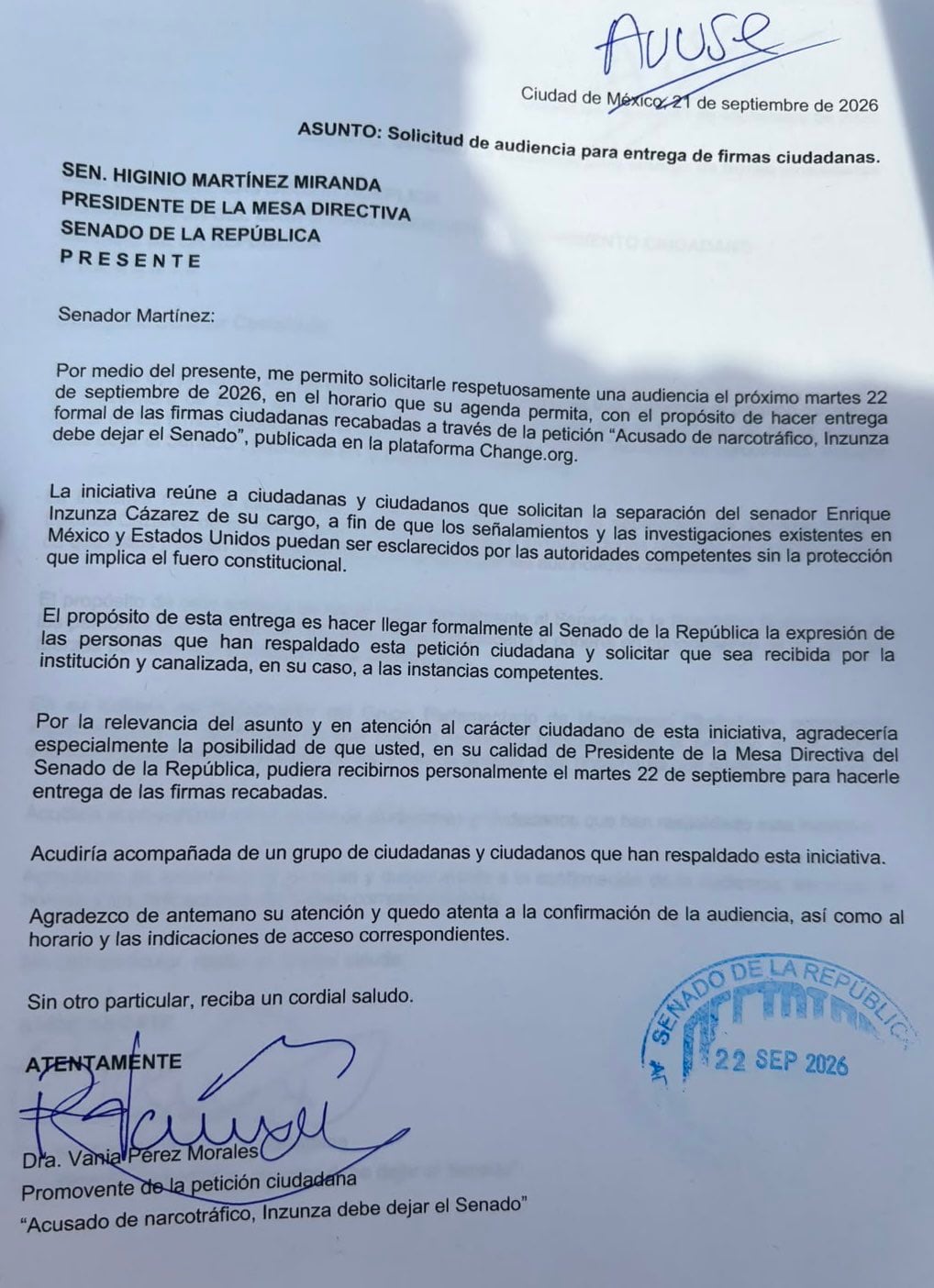Carta a Higinio Martínez sobre las firmas para la salida de Enrique Inzunza del Senado.