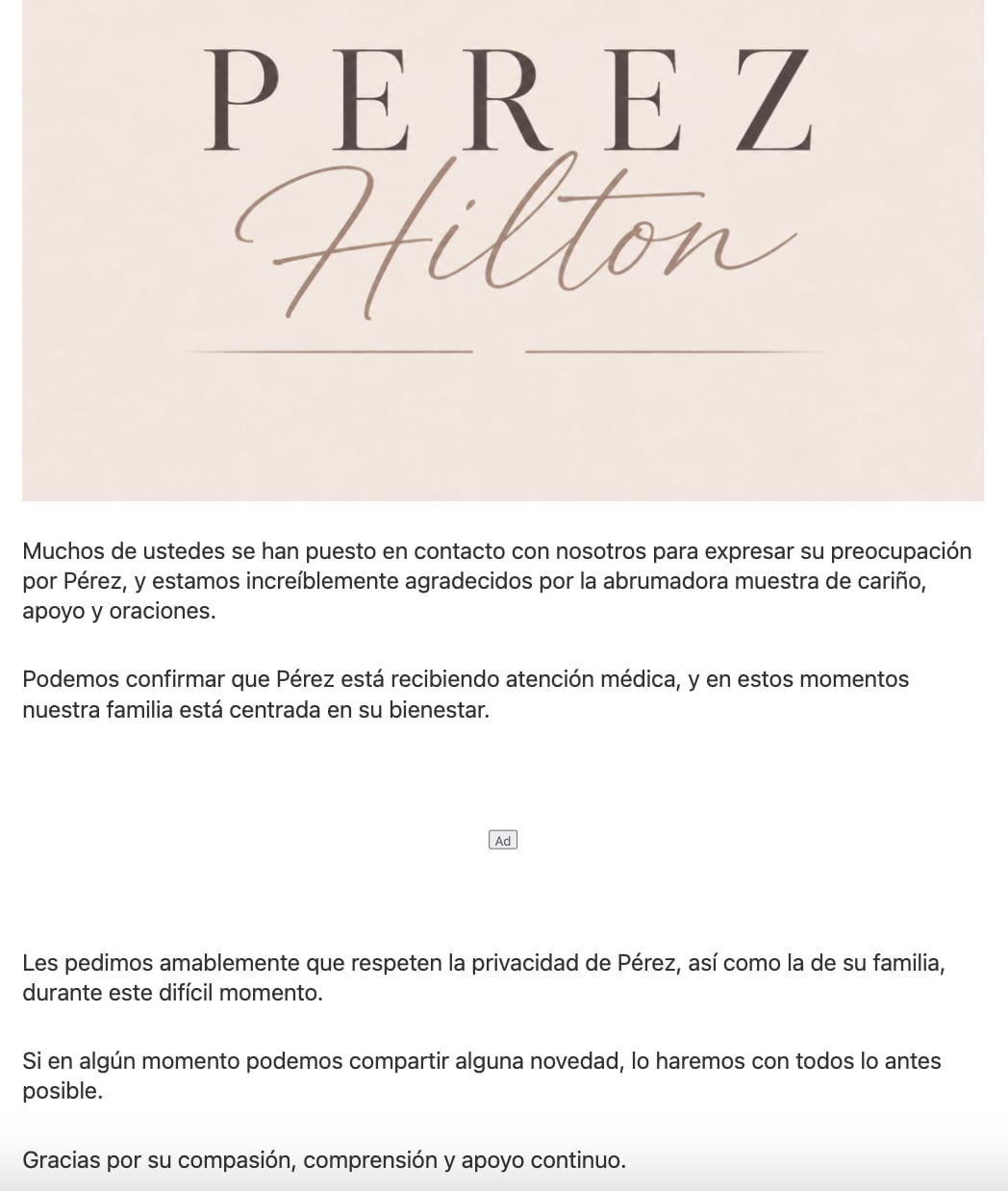 Comunicado sobre el estado de salud de Perez Hilton