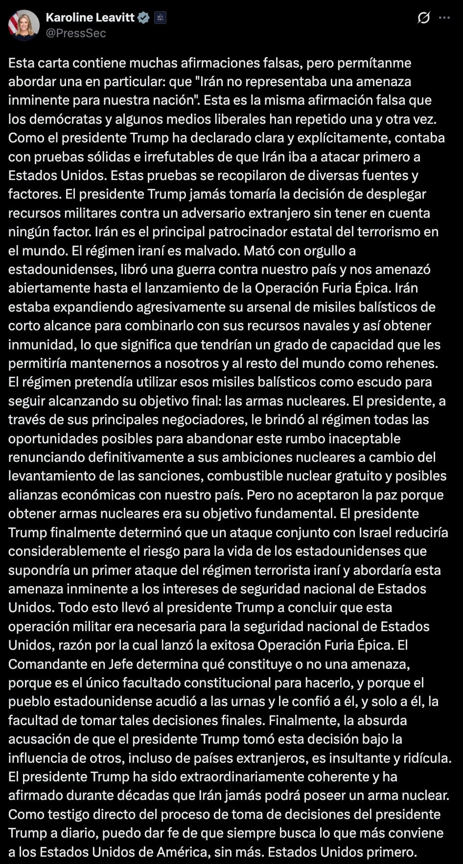 Leavitt cuestiona carta de Joe Kent tras dejar cargo antiterrorista