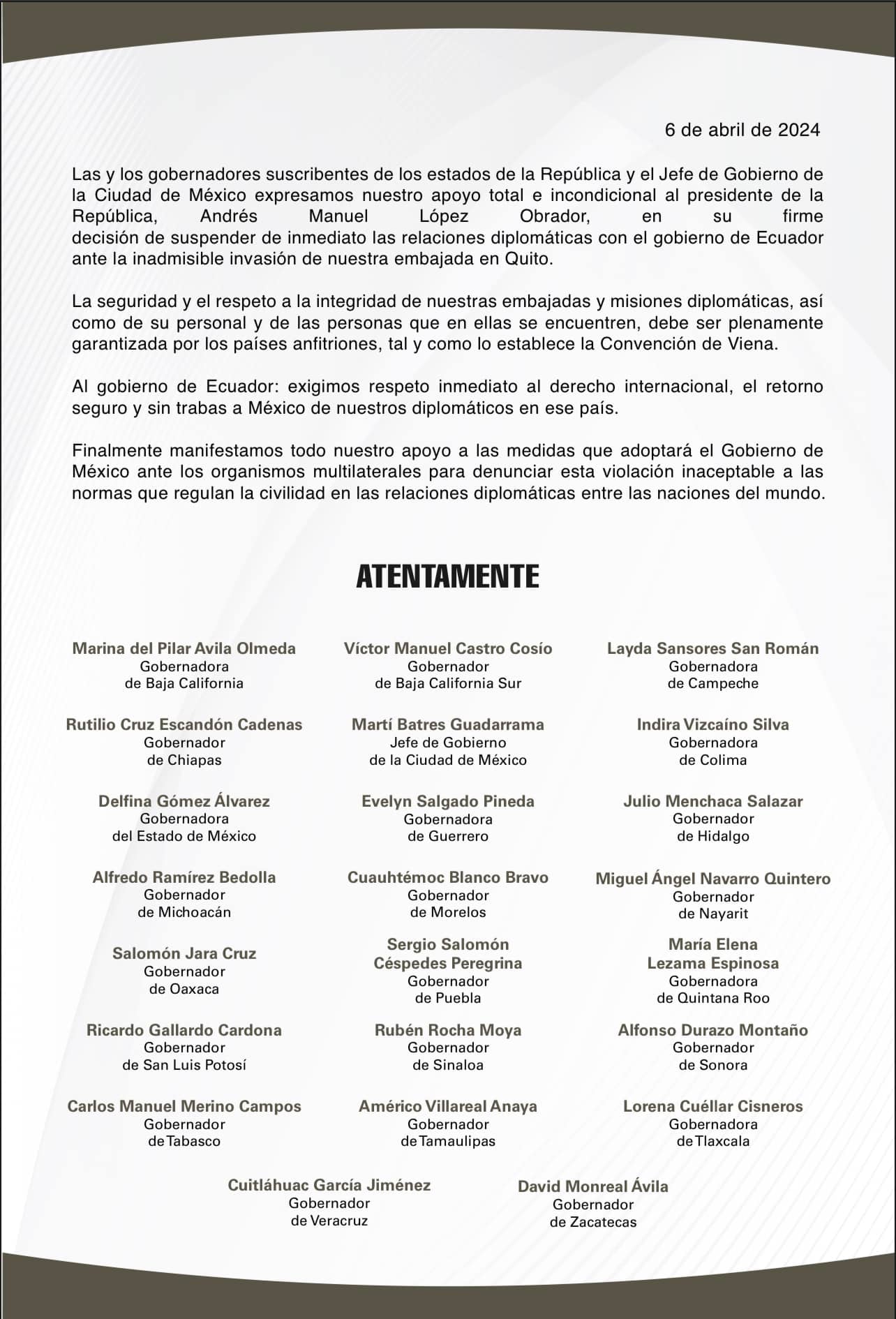 Carta de respaldo a AMLO ante rompimiento de relaciones diplomáticas con Ecuador