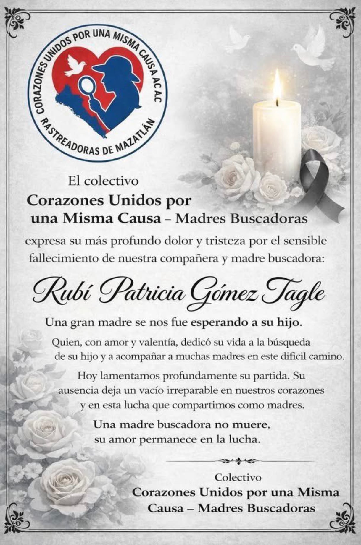 Corazones unidos por una misma causa A.C. lamenta la muerte de Rubí Patricia Gómez Tagle