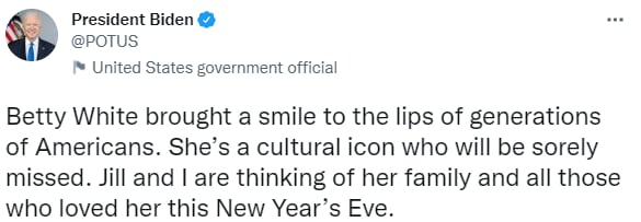 Joe Biden, presidente de Estados Unidos, reacciona a la muerte de Betty White
