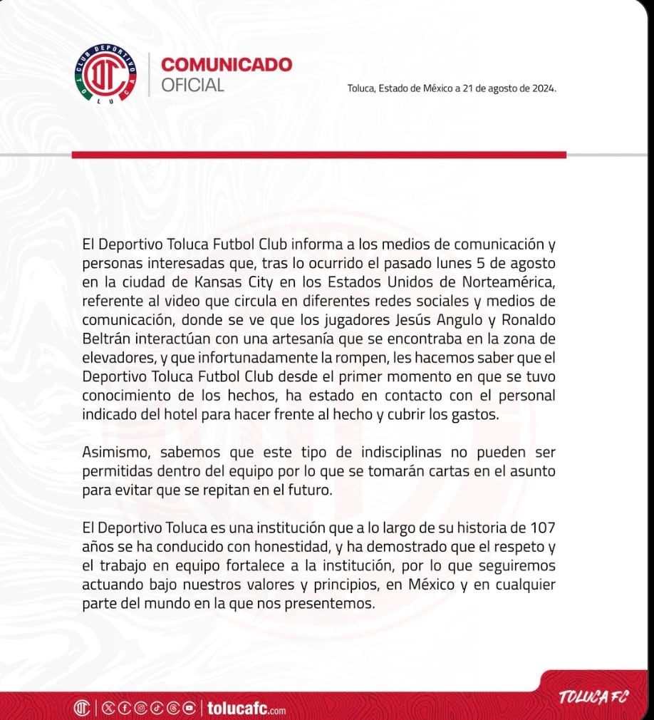 Deportivo Toluca sobre jugadores que rompieron un jarrón valuado en casi 300 mil pesos
