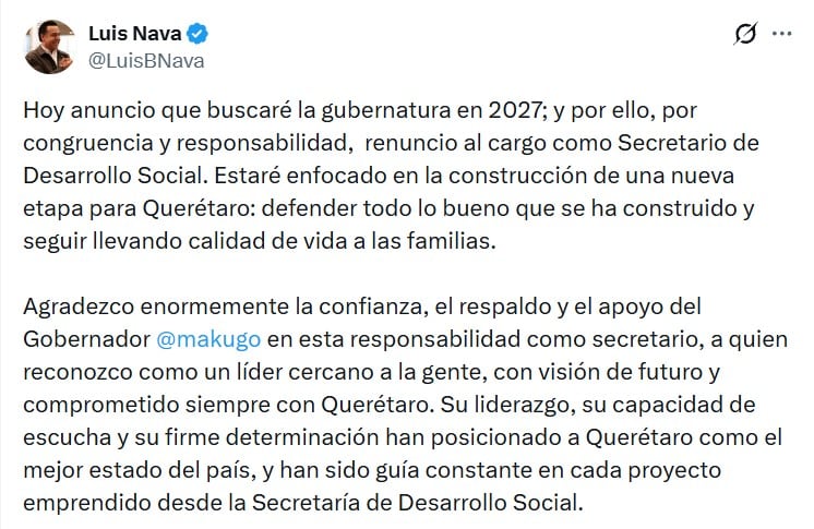 Luis Bernardo Nava renuncia a Desarrollo Social; buscará la gubernatura de Querétaro en 2027 por el PAN