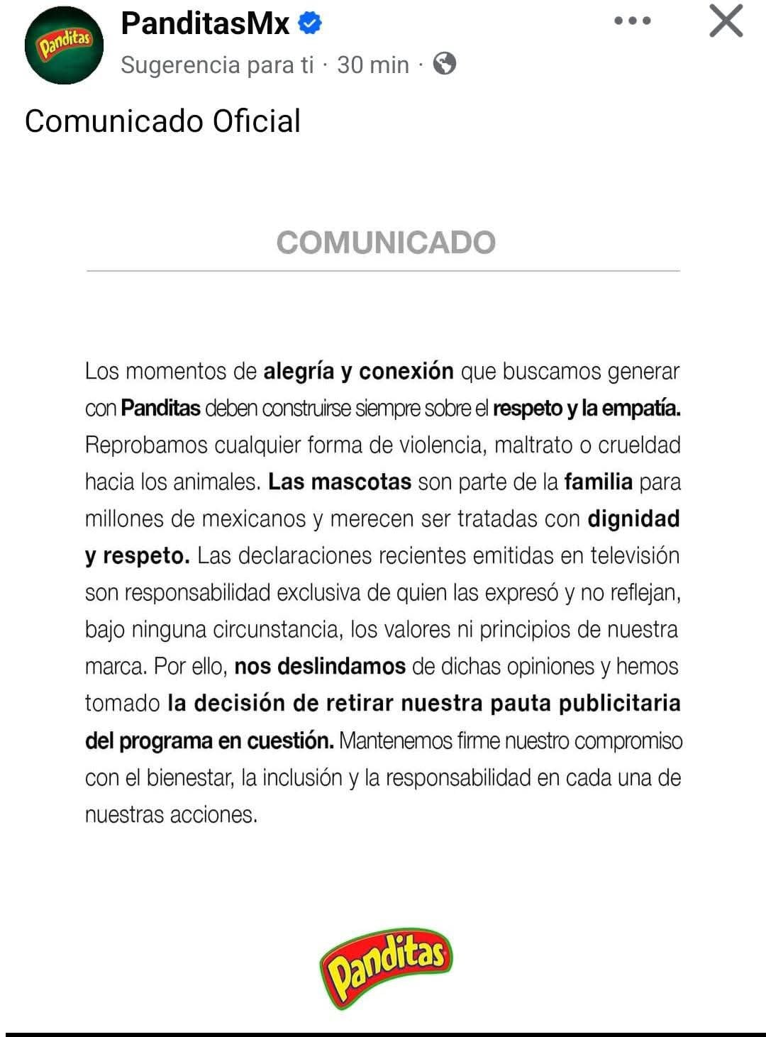 Comunicado de marcas anuncian retiro de su publicidad de Ventaneando