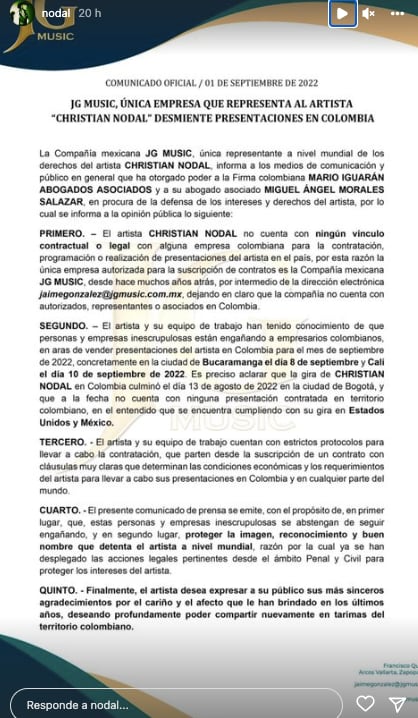 Christian Nodal desmiente conciertos en Colombia