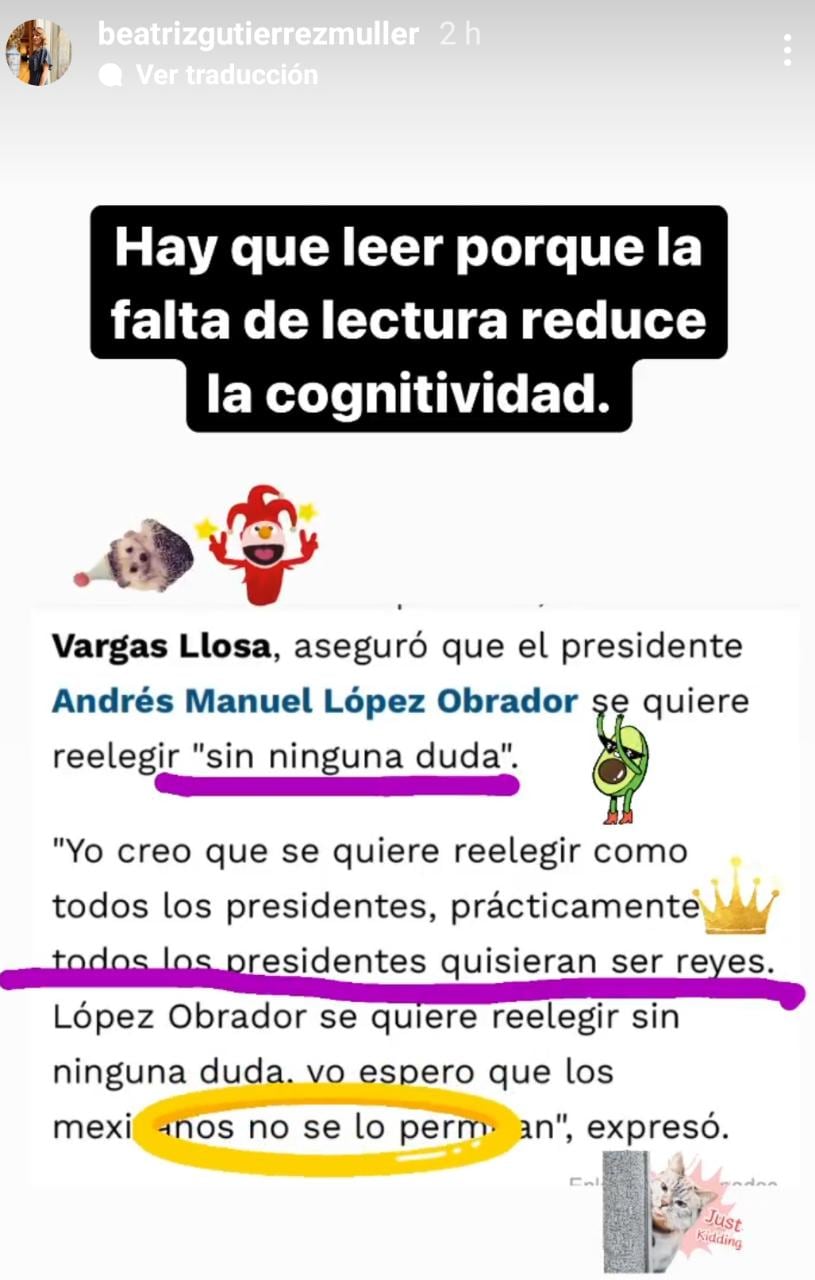 Beatriz Gutiérrez Müller reacciona a dichos de Vargas Llosa