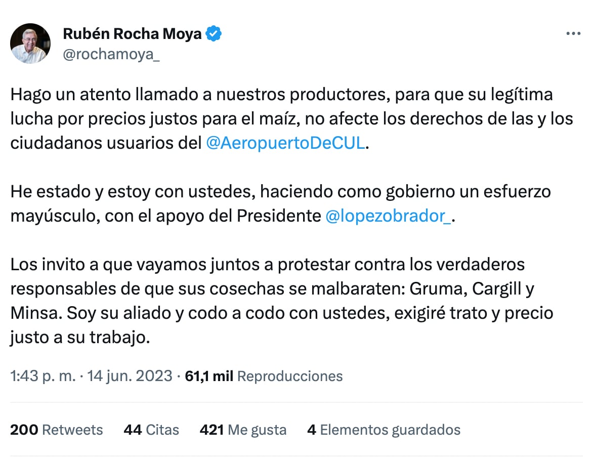 RUBÉN ROCHA SE PROCLAMA ANTE BLOQUEO DEL AEROPUERTO INTERNACIONAL DE CULIACÁN