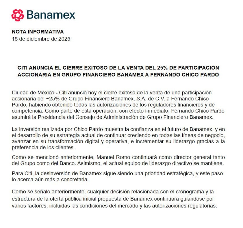 Banamex ya es propiedad de Fernando Chico Pardo