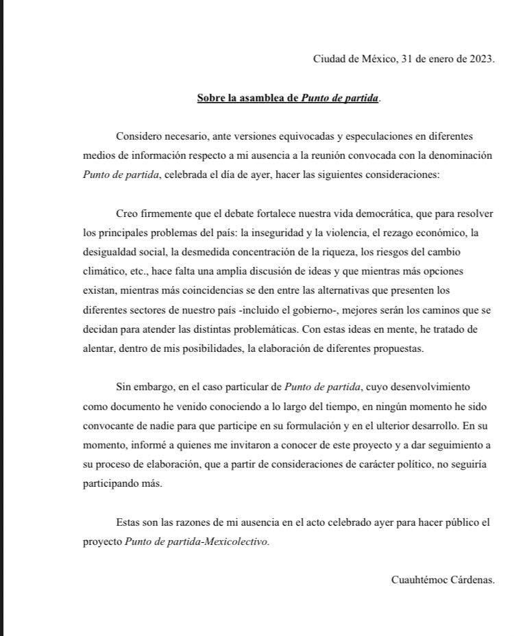 Carta de deslinde de Cuauhtémoc Cárdenas