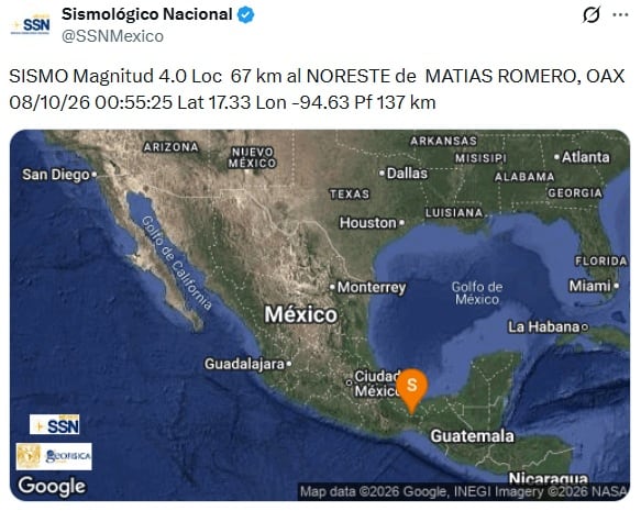 Sismo hoy jueves 8 de octubre de 2026