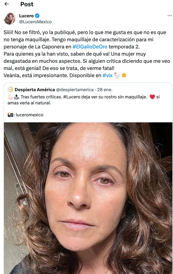 Lucero explica su foto sin maquillaje.