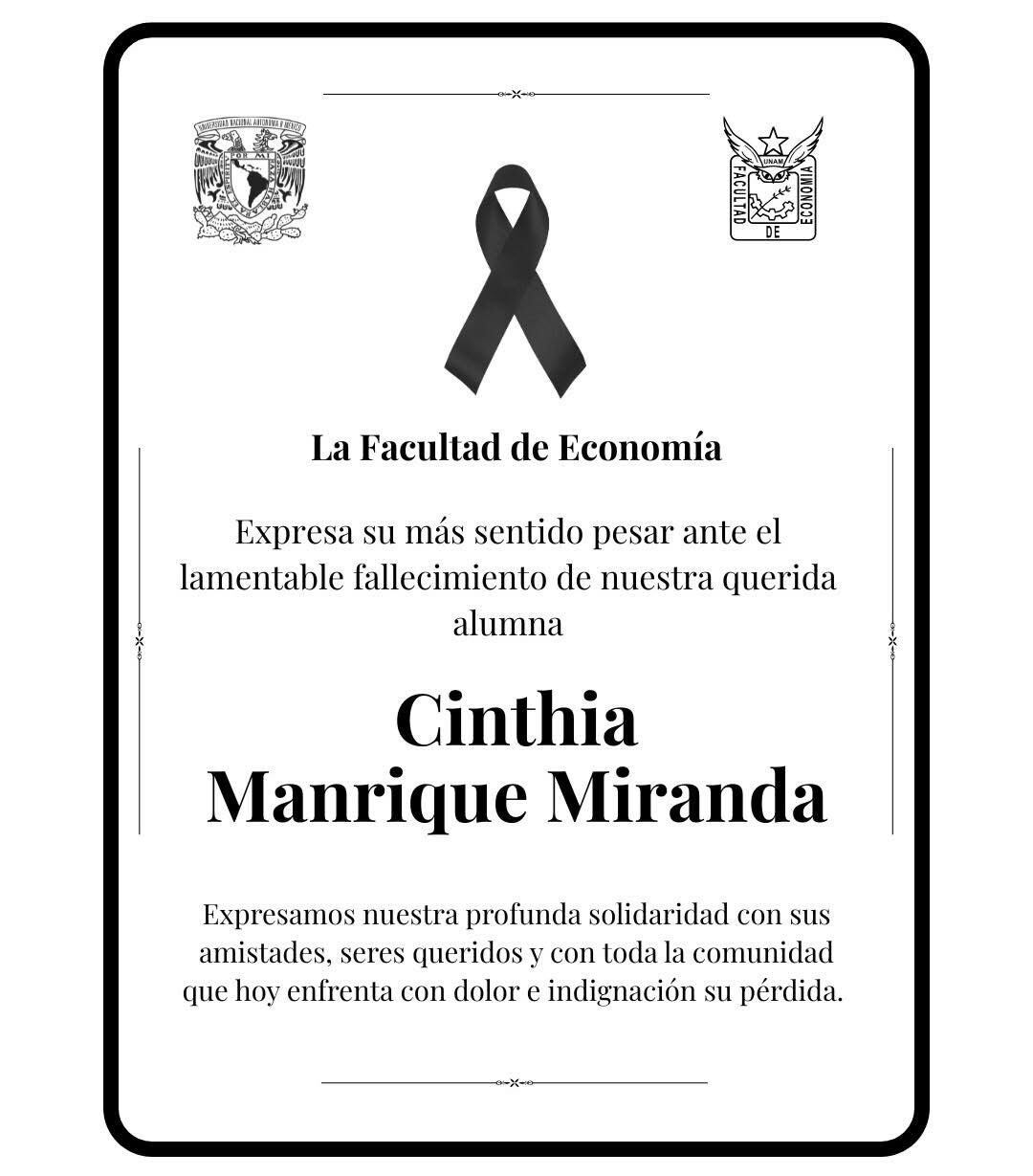 Lamentan muerte de Cinthia Manrique, estudiante de posgrado de la UNAM, señalan posible feminicidio