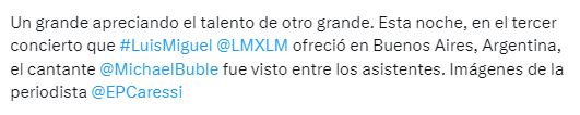 Engrandecen la aparición de Michel Bublé a ver a Luis Miguel en Argentina.