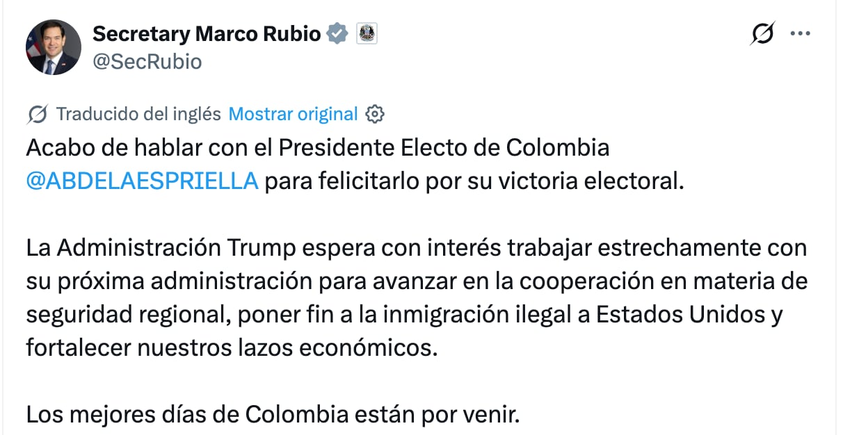 Líderes mundiales felicitan a Abelardo de la Espirella, presidente electo de Colombia