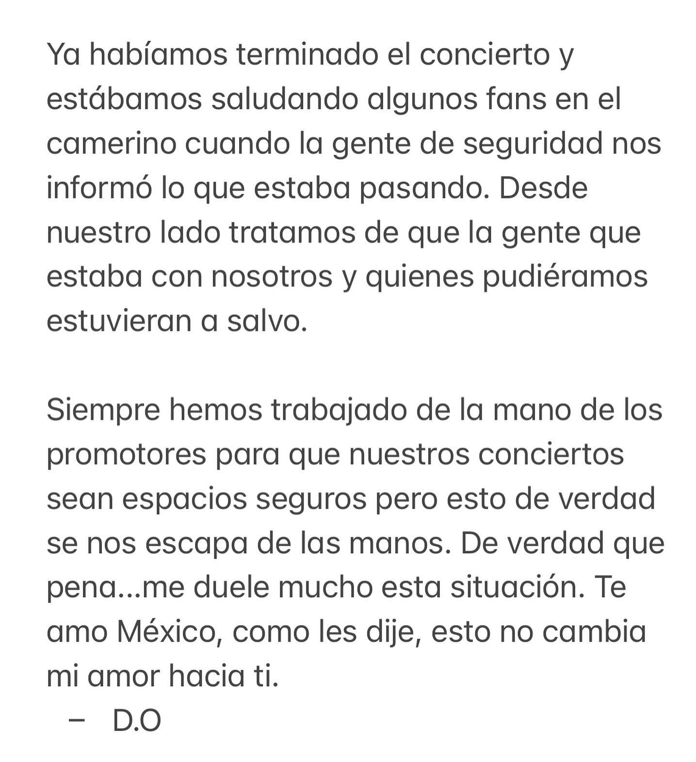 Danny Ocean sobre la balacera en Morelia tras terminar su concierto.