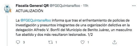 Tuit de la Fiscalía de Quintana Roo