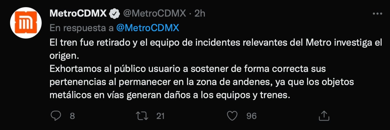Metro de la CDMX informa que explosión pudo deberse a un objeto metálico