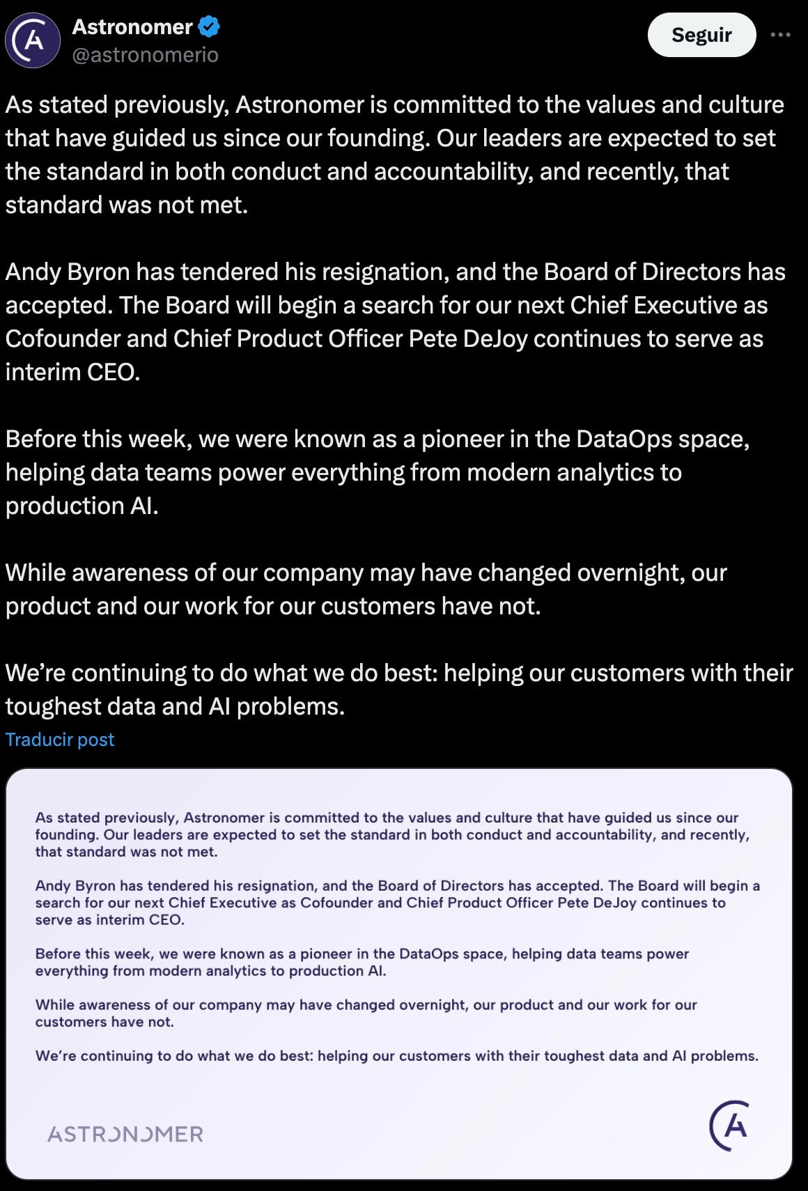 Andy Byron pide su renuncia como CEO de Astronomer