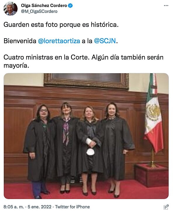 Tuit de Olga Sánchez Cordero