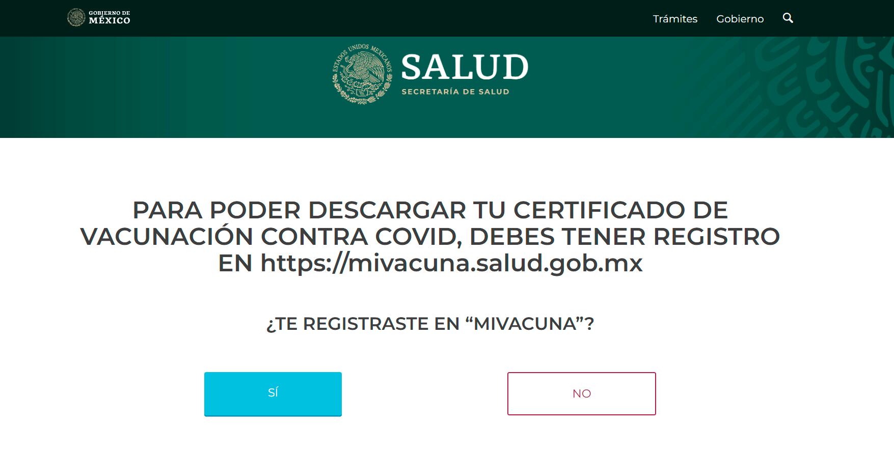 captura de pantalla de la página de salud para poder descargar certificado de vacunación
