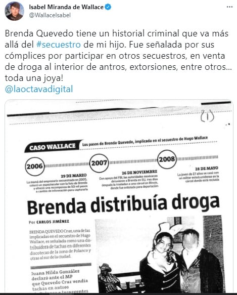 Isabel Miranda de Wallace acusa a Brenda Quevedo