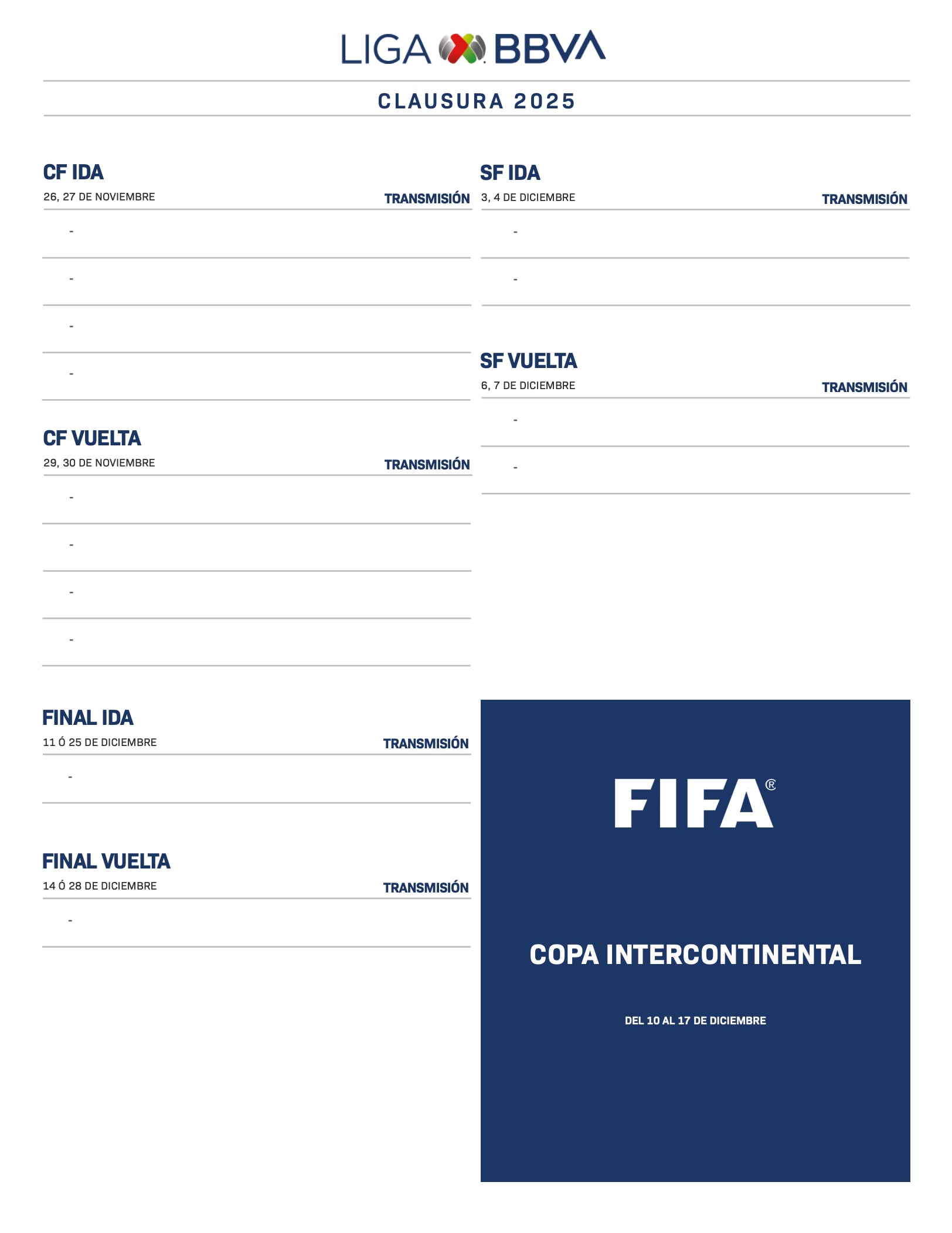 Calendario del Apertura 2025 de la Liga MX.