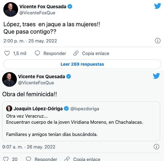 Vicente Fox critica a AMLO por feminicidios