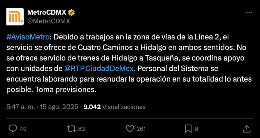 Metro CDMX informa afectaciones en servicio de estaciones de la Línea 2