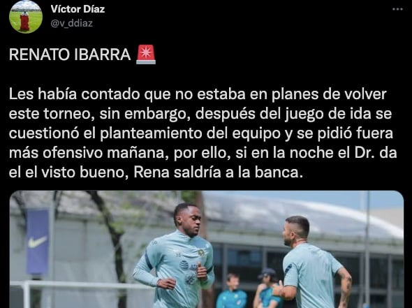 Renato Ibarra sería la sorpresa del América para el duelo de vuelta vs Pumas