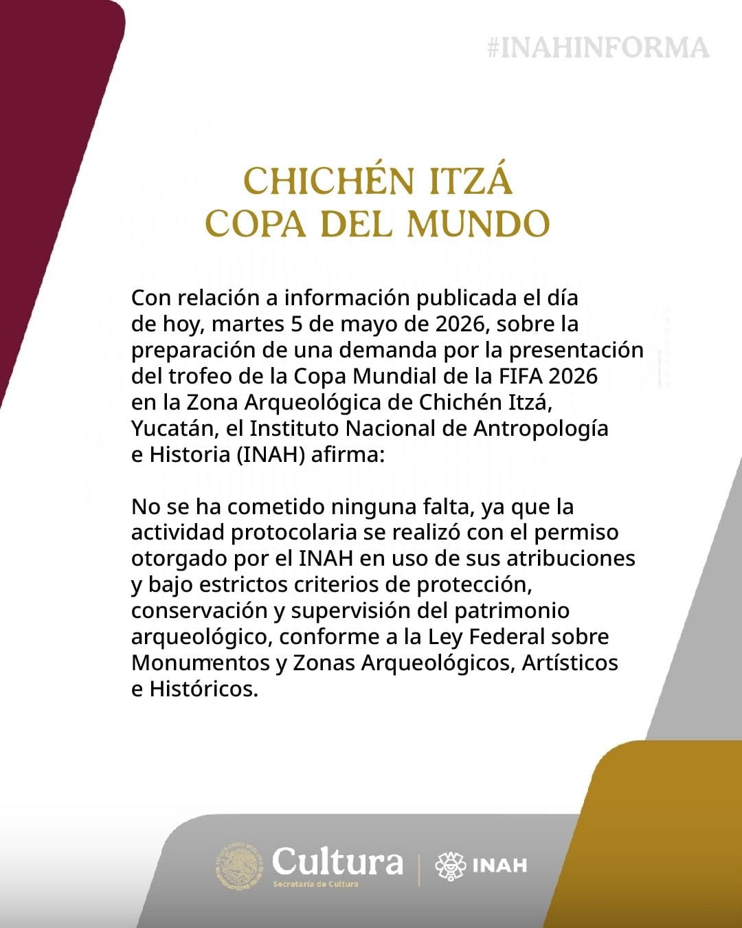 INAH niega demanda por presentación del trofeo del Mundial 2026 en Chichén Itzá