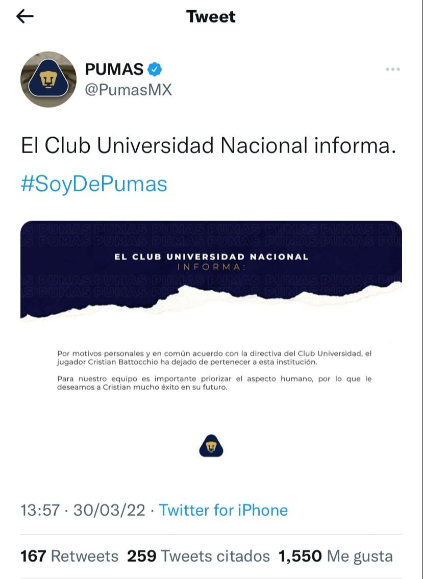 Comunicado del Club Pumas donde anunció la salida de Cristian Battocchio del equipo.