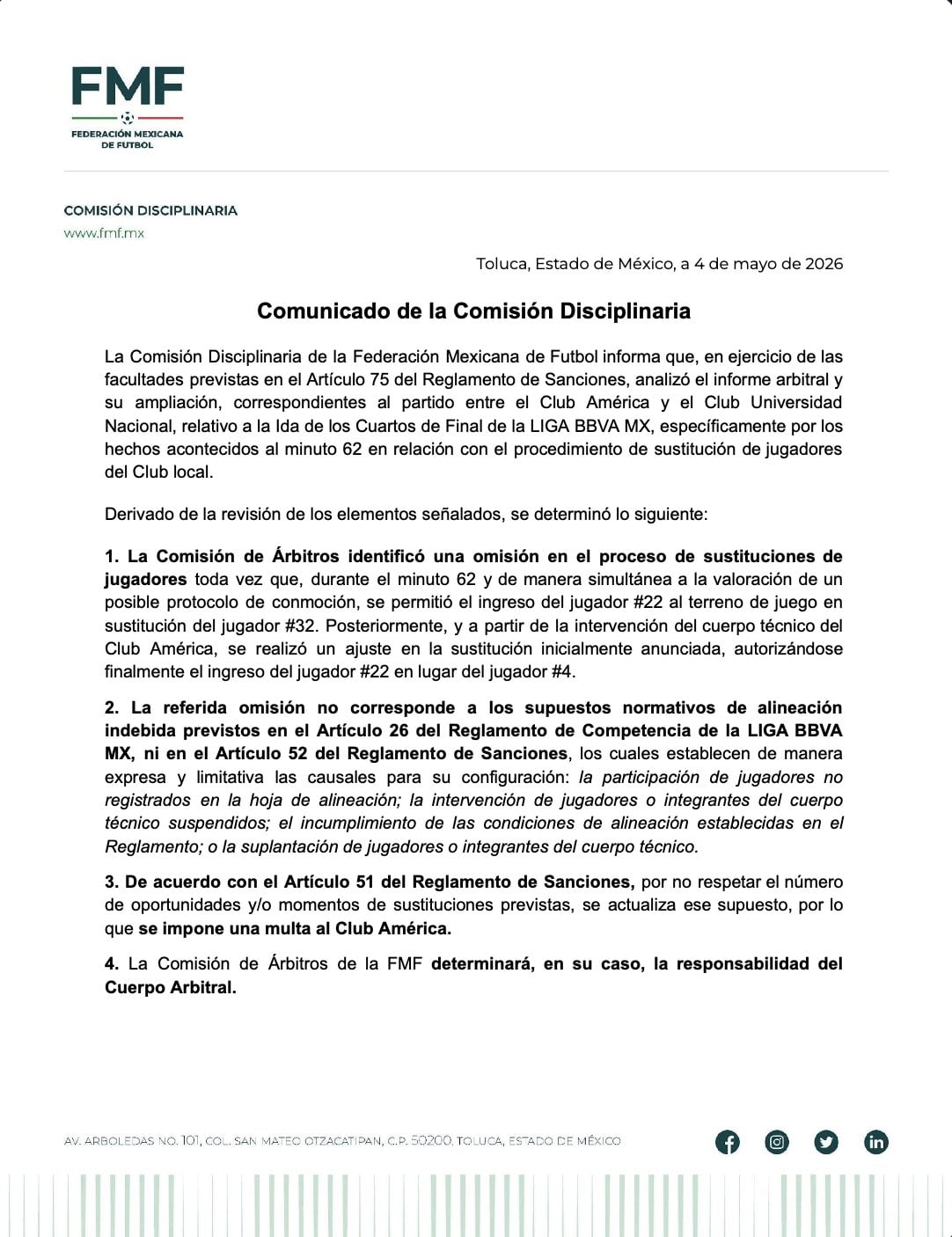 Comisión Disciplinaria resuelve a favor del América: no hubo alineación indebida contra Pumas.