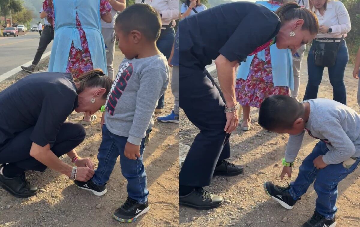 Claudia Sheinbaum  abrochándole las agujetas a un niño durante su visita a Oaxaca