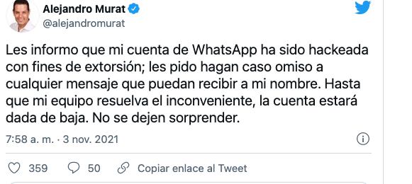 Alejandro Murat, gobernador de Oaxaca denuncia hackeo a su cuenta de WhatsApp