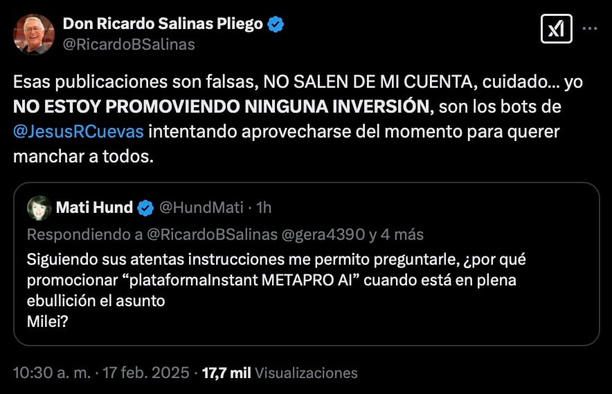 Ricardo Salinas Pliego se deslinda de Instant Metapro AI