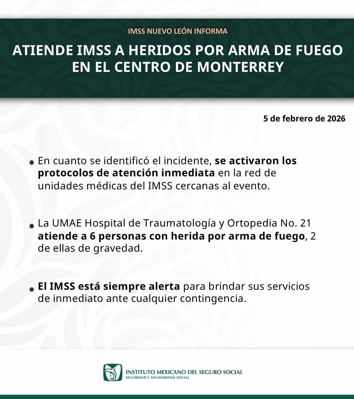 IMSS habla de los heridos por balacera en Monterrey.