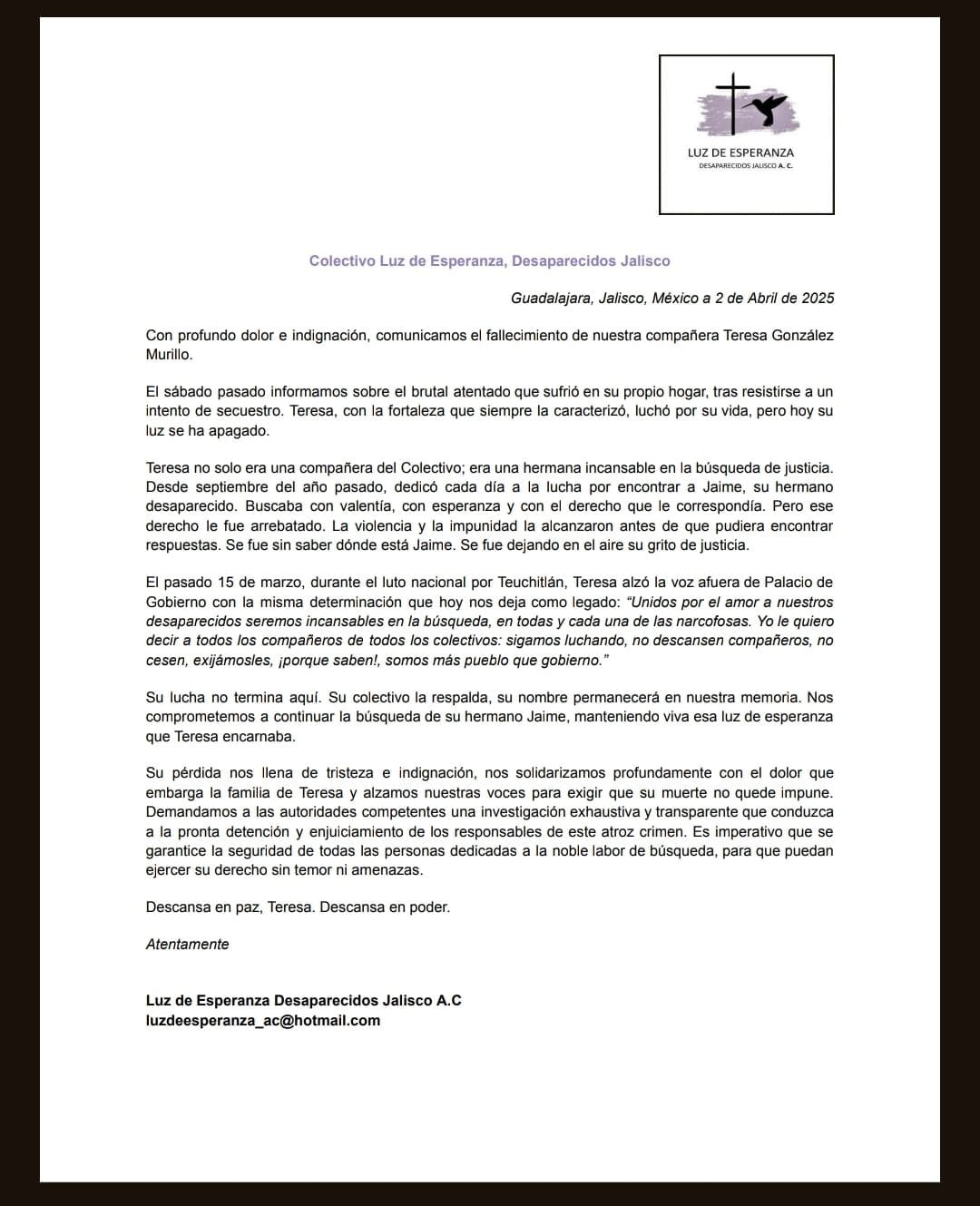 Comunicado de la muerte de madre buscadora Teresa González Murillo tras intento de secuestro en Guadalajara, Jalisco