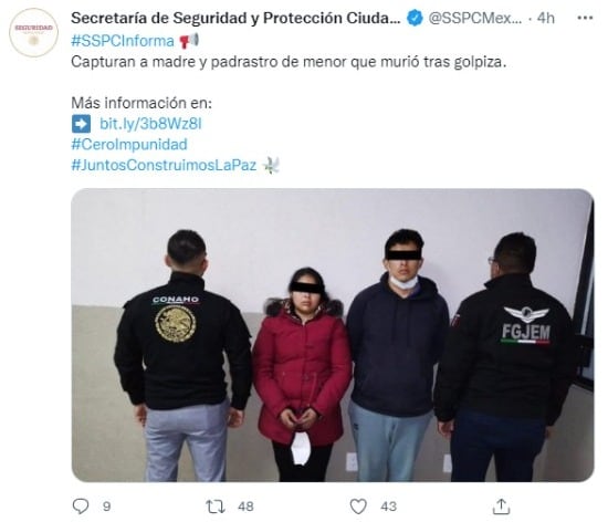 Matan a un niño a golpes; detienen a la madre y al padrastro en el Estado de México