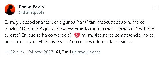 Danna Paola explota contra el fan que le criticó su nueva música.